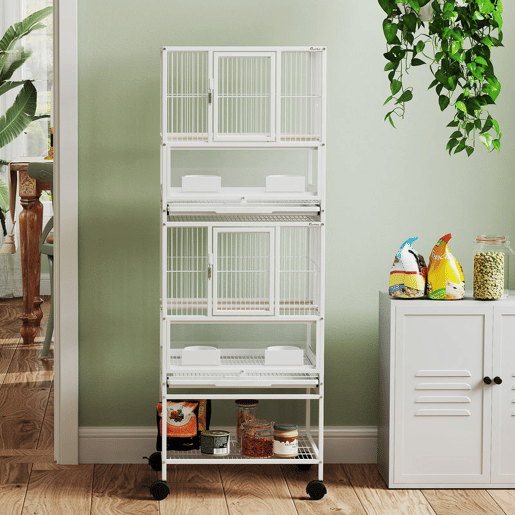 PawHut Gaiola para Pássaros Gaiola Grande de 2 Níveis com Rodas Painéis Acrílicos Comedouros Poleiros Prateleira Bandejas Amovíveis Gaiola para Papagaios Canários 48x46x134,5 cm Branco