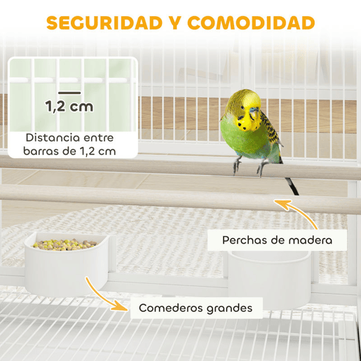 PawHut Gaiola para Pássaros Gaiola Grande de 2 Níveis com Rodas Painéis Acrílicos Comedouros Poleiros Prateleira Bandejas Amovíveis Gaiola para Papagaios Canários 48x46x134,5 cm Branco