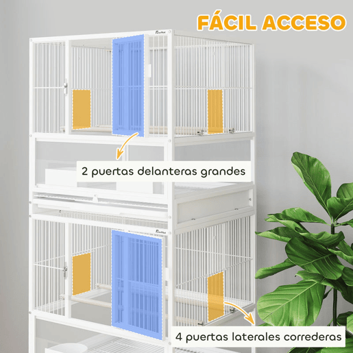 PawHut Gaiola para Pássaros Gaiola Grande de 2 Níveis com Rodas Painéis Acrílicos Comedouros Poleiros Prateleira Bandejas Amovíveis Gaiola para Papagaios Canários 48x46x134,5 cm Branco
