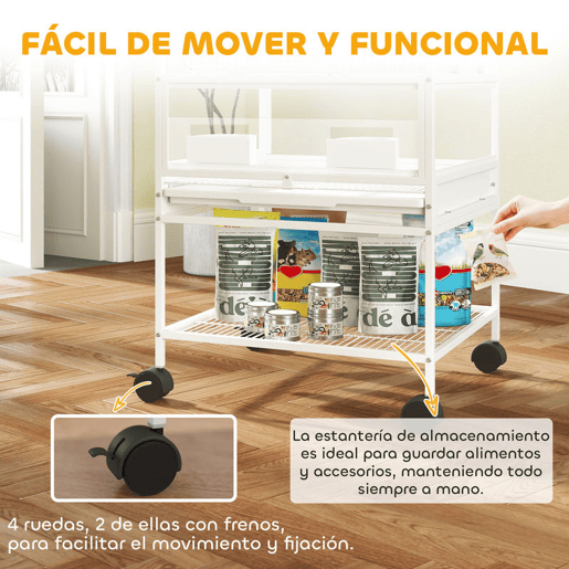 PawHut Gaiola para Pássaros Gaiola Grande de 2 Níveis com Rodas Painéis Acrílicos Comedouros Poleiros Prateleira Bandejas Amovíveis Gaiola para Papagaios Canários 48x46x134,5 cm Branco