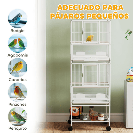 PawHut Gaiola para Pássaros Gaiola Grande de 2 Níveis com Rodas Painéis Acrílicos Comedouros Poleiros Prateleira Bandejas Amovíveis Gaiola para Papagaios Canários 48x46x134,5 cm Branco