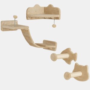 PawHut Conjunto de Prateleiras de Escalada para Gatos de 4 Peças Arranhador de Parede com 2 Postes de Sisal Plataforma Dupla com Escada e Plataforma para Saltar Bege