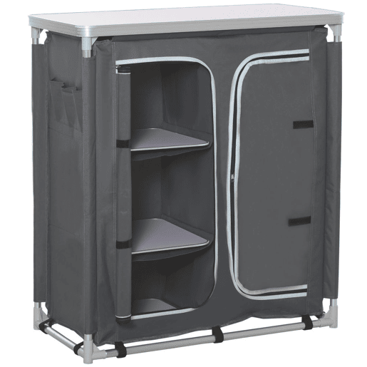Outsunny Armário de Campismo Dobrável Móvel de Cozinha para Camping com 3 Prateleiras Compartimento com Porta de Fecho Estrutura de Alumínio e Bolsa de Transporte para Exterior 96x49,5x104 cm Cinza