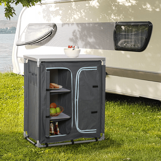 Outsunny Armário de Campismo Dobrável Móvel de Cozinha para Camping com 3 Prateleiras Compartimento com Porta de Fecho Estrutura de Alumínio e Bolsa de Transporte para Exterior 96x49,5x104 cm Cinza