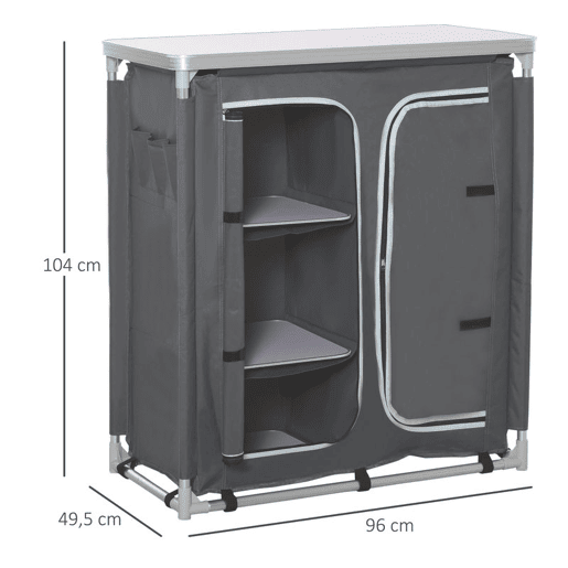 Outsunny Armário de Campismo Dobrável Móvel de Cozinha para Camping com 3 Prateleiras Compartimento com Porta de Fecho Estrutura de Alumínio e Bolsa de Transporte para Exterior 96x49,5x104 cm Cinza