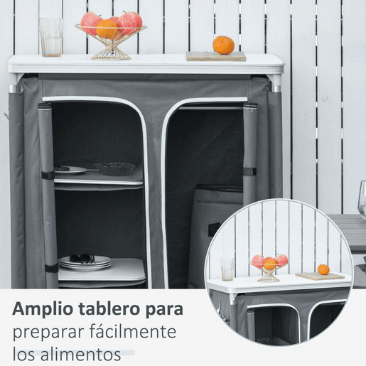 Outsunny Armário de Campismo Dobrável Móvel de Cozinha para Camping com 3 Prateleiras Compartimento com Porta de Fecho Estrutura de Alumínio e Bolsa de Transporte para Exterior 96x49,5x104 cm Cinza
