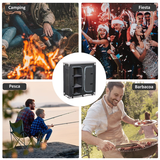 Outsunny Armário de Campismo Dobrável Móvel de Cozinha para Camping com 3 Prateleiras Compartimento com Porta de Fecho Estrutura de Alumínio e Bolsa de Transporte para Exterior 96x49,5x104 cm Cinza