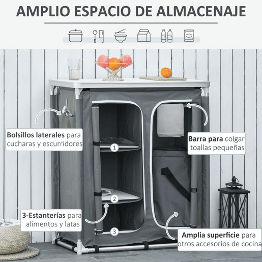Outsunny Armário de Campismo Dobrável Móvel de Cozinha para Camping com 3 Prateleiras Compartimento com Porta de Fecho Estrutura de Alumínio e Bolsa de Transporte para Exterior 96x49,5x104 cm Cinza