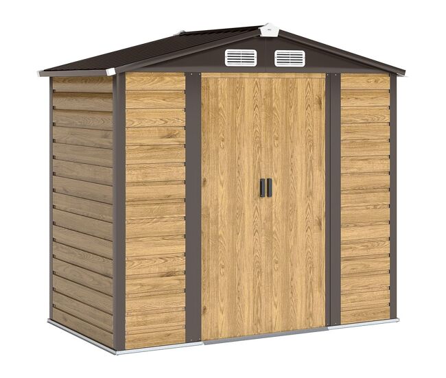 Outsunny caseta de jardín exterior 2,36m² 213x120x194 cm cobertizo de jardín exterior con base refuerzo (suelo no incluido) puertas correderas dobles candado ventanas roble