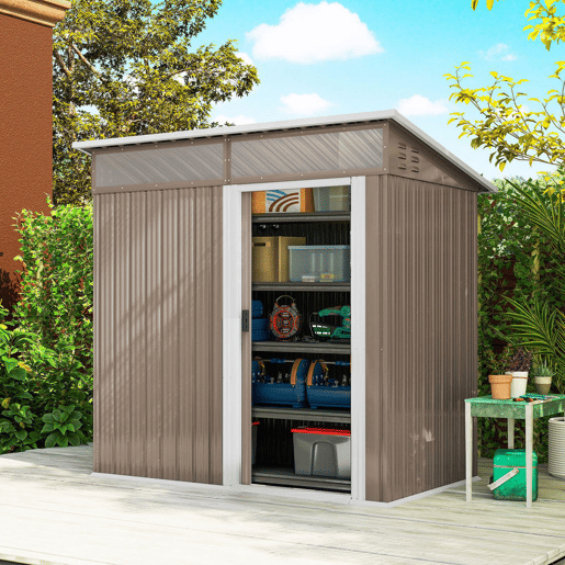 Outsunny Abrigo de Jardim 1,9m² 195x122x182 cm Abrigo de Exterior com Base Reforçada (Chão NÃO Incluído) Porta Corredera Janelas Abrigo de Ferramentas para Pátio Marrom Claro