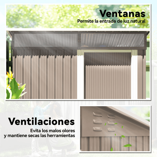 Outsunny Abrigo de Jardim 1,9m² 195x122x182 cm Abrigo de Exterior com Base Reforçada (Chão NÃO Incluído) Porta Corredera Janelas Abrigo de Ferramentas para Pátio Marrom Claro