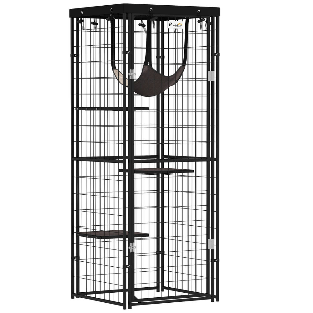 Pawhut jaula para gatos para exterior e interior recinto para gatos con cubierta impermeable 3 plataformas hamaca cojines y puerta 61,5x55x157 cm negro