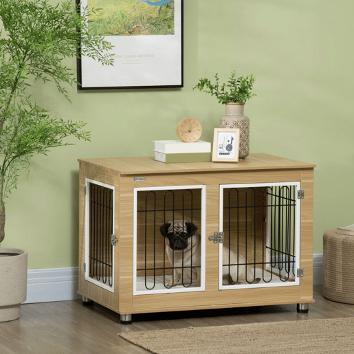 PawHut Gaiola para Cães com Mesa Auxiliar e Almofada Lavável Gaiola para Animais com Estrutura de Aço para Cães Médios e Grandes 90x58x65 cm Carvalho