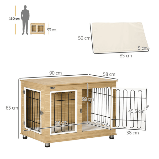 PawHut Gaiola para Cães com Mesa Auxiliar e Almofada Lavável Gaiola para Animais com Estrutura de Aço para Cães Médios e Grandes 90x58x65 cm Carvalho