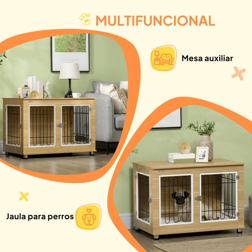 PawHut Gaiola para Cães com Mesa Auxiliar e Almofada Lavável Gaiola para Animais com Estrutura de Aço para Cães Médios e Grandes 90x58x65 cm Carvalho