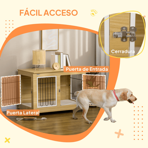 PawHut Gaiola para Cães com Mesa Auxiliar e Almofada Lavável Gaiola para Animais com Estrutura de Aço para Cães Médios e Grandes 90x58x65 cm Carvalho
