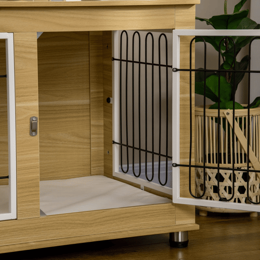 PawHut Gaiola para Cães com Mesa Auxiliar e Almofada Lavável Gaiola para Animais com Estrutura de Aço para Cães Médios e Grandes 90x58x65 cm Carvalho