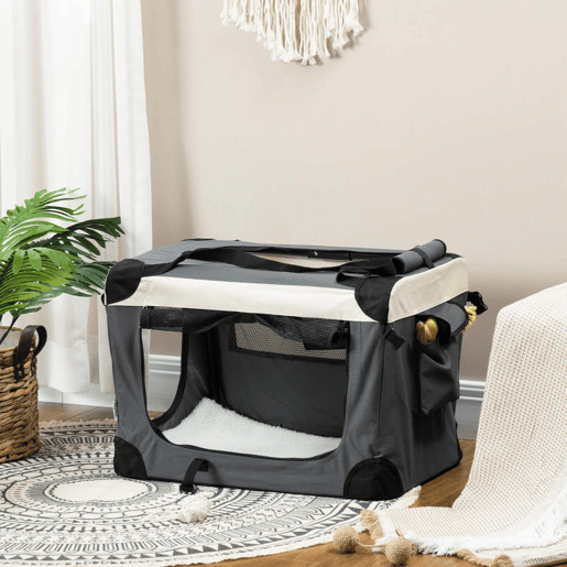PawHut Transportadora para Cães e Gatos Bolsa de Transporte Animais de Estimação Dobrável com Almofada Suave e 2 Correias de Ombro para Carro Avião Viajem 60x41x41cm Cinzento