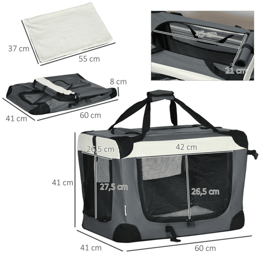 PawHut Transportadora para Cães e Gatos Bolsa de Transporte Animais de Estimação Dobrável com Almofada Suave e 2 Correias de Ombro para Carro Avião Viajem 60x41x41cm Cinzento