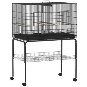 PawHut Gaiola para Pássaros com Divisória Gaiola com Rodas para Aves Papagaios Canários Gaiola para Aves com Comedouros Poleiros e Bandeja Removível 94x57x128 cm Preto