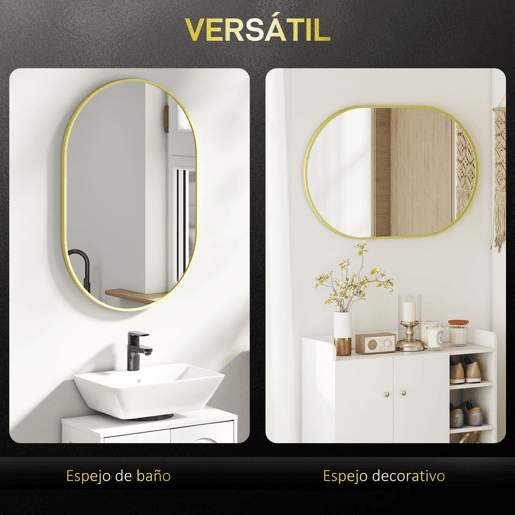 HOMCOM Espelho Casa de Banho 60x90 cm Espelho Decorativo de Parede com Estrutura de Alumínio para Sala de Estar Entrada Corredor Horizontal ou Vertical Dourado