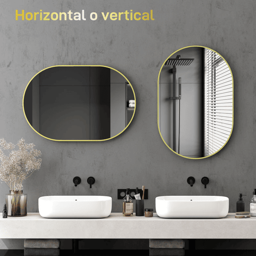 HOMCOM Espelho Casa de Banho 60x90 cm Espelho Decorativo de Parede com Estrutura de Alumínio para Sala de Estar Entrada Corredor Horizontal ou Vertical Dourado