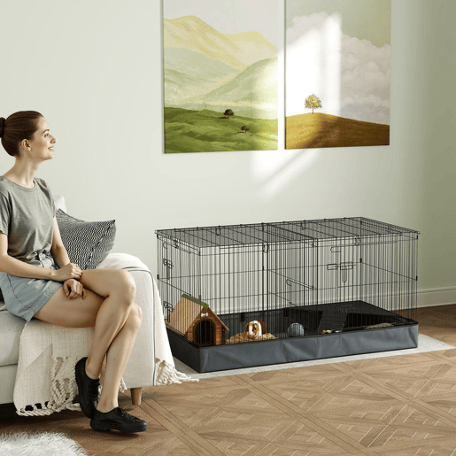 PawHut Gaiola para Animais Pequenos Gaiola para Roedores Gaiola para Coelhos com Tampa Amovível Recinto para Cobaias Ouriços 121x61x61 cm Preto