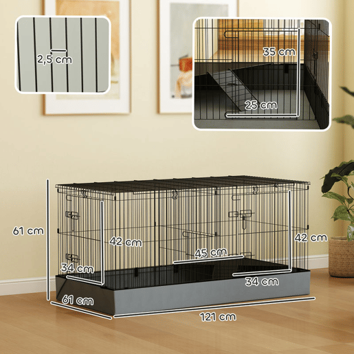 PawHut Gaiola para Animais Pequenos Gaiola para Roedores Gaiola para Coelhos com Tampa Amovível Recinto para Cobaias Ouriços 121x61x61 cm Preto