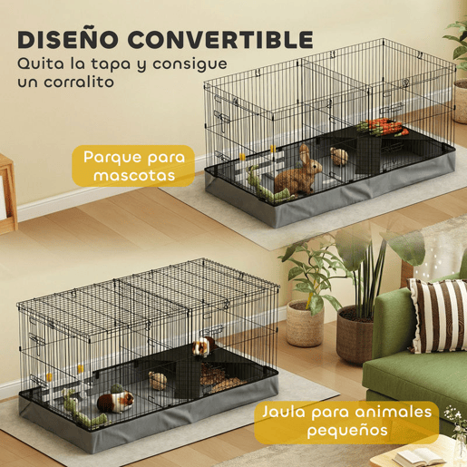 PawHut Gaiola para Animais Pequenos Gaiola para Roedores Gaiola para Coelhos com Tampa Amovível Recinto para Cobaias Ouriços 121x61x61 cm Preto