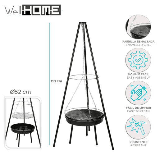 Tripé para churrasco Well Home com corrente e grelha