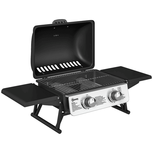 Outsunny Barbecue a Gás com 2 Queimadores de Aço Inoxidável 5,6 KW Portátil com Prateleiras Laterais Dobráveis, Bandeja Removível e Termómetro para Piqueniques e Campismo 101x48x41 cm Preto