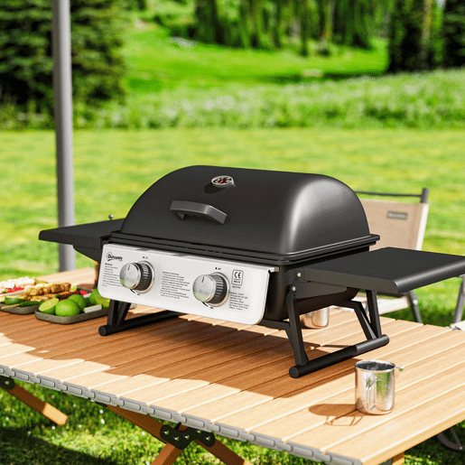 Outsunny Barbecue a Gás com 2 Queimadores de Aço Inoxidável 5,6 KW Portátil com Prateleiras Laterais Dobráveis, Bandeja Removível e Termómetro para Piqueniques e Campismo 101x48x41 cm Preto