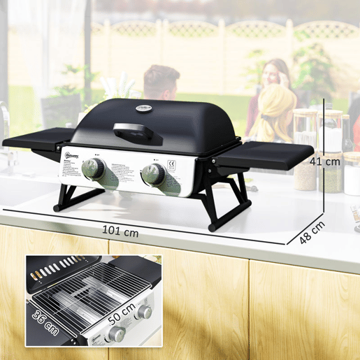 Outsunny Barbecue a Gás com 2 Queimadores de Aço Inoxidável 5,6 KW Portátil com Prateleiras Laterais Dobráveis, Bandeja Removível e Termómetro para Piqueniques e Campismo 101x48x41 cm Preto