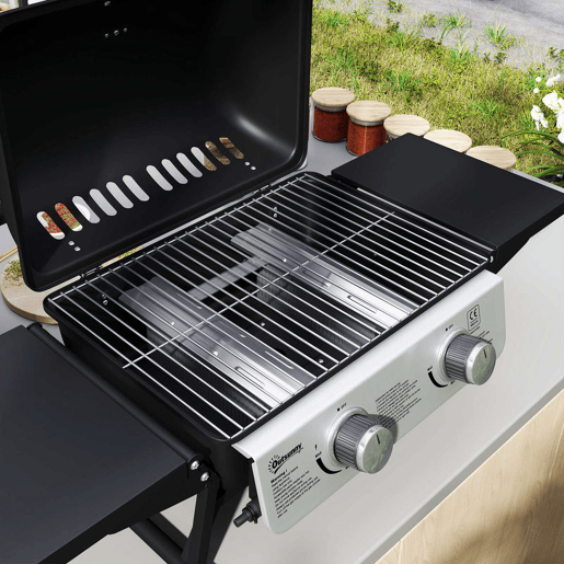 Outsunny Barbecue a Gás com 2 Queimadores de Aço Inoxidável 5,6 KW Portátil com Prateleiras Laterais Dobráveis, Bandeja Removível e Termómetro para Piqueniques e Campismo 101x48x41 cm Preto