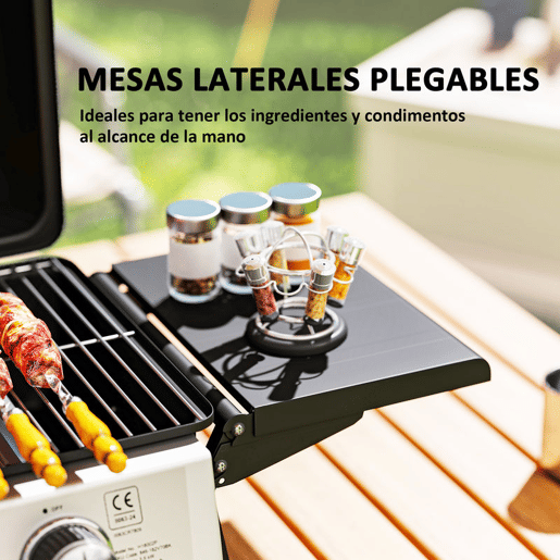 Outsunny Barbecue a Gás com 2 Queimadores de Aço Inoxidável 5,6 KW Portátil com Prateleiras Laterais Dobráveis, Bandeja Removível e Termómetro para Piqueniques e Campismo 101x48x41 cm Preto