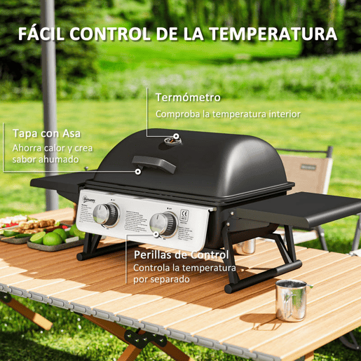 Outsunny Barbecue a Gás com 2 Queimadores de Aço Inoxidável 5,6 KW Portátil com Prateleiras Laterais Dobráveis, Bandeja Removível e Termómetro para Piqueniques e Campismo 101x48x41 cm Preto