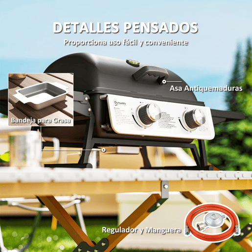 Outsunny Barbecue a Gás com 2 Queimadores de Aço Inoxidável 5,6 KW Portátil com Prateleiras Laterais Dobráveis, Bandeja Removível e Termómetro para Piqueniques e Campismo 101x48x41 cm Preto