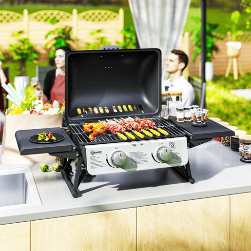 Outsunny Barbecue a Gás com 2 Queimadores de Aço Inoxidável 5,6 KW Portátil com Prateleiras Laterais Dobráveis, Bandeja Removível e Termómetro para Piqueniques e Campismo 101x48x41 cm Preto