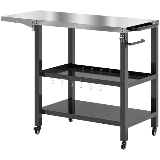 Outsunny Carrinho Auxiliar para Barbecue de 3 Níveis Carrinho de Serviço com Rodas Prateleira Bancada de Aço Inoxidável Lateral Dobrável e Alça Mesa de Forno de Pizza para Jardim Pátio Preto