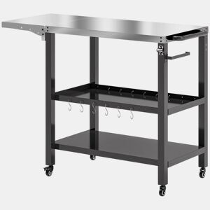 Outsunny Carrinho Auxiliar para Barbecue de 3 Níveis Carrinho de Serviço com Rodas Prateleira Bancada de Aço Inoxidável Lateral Dobrável e Alça Mesa de Forno de Pizza para Jardim Pátio Preto