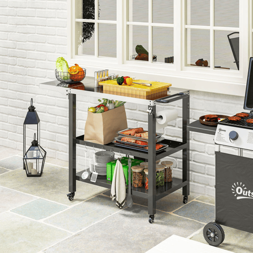 Outsunny Carrinho Auxiliar para Barbecue de 3 Níveis Carrinho de Serviço com Rodas Prateleira Bancada de Aço Inoxidável Lateral Dobrável e Alça Mesa de Forno de Pizza para Jardim Pátio Preto