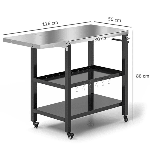 Outsunny Carrinho Auxiliar para Barbecue de 3 Níveis Carrinho de Serviço com Rodas Prateleira Bancada de Aço Inoxidável Lateral Dobrável e Alça Mesa de Forno de Pizza para Jardim Pátio Preto