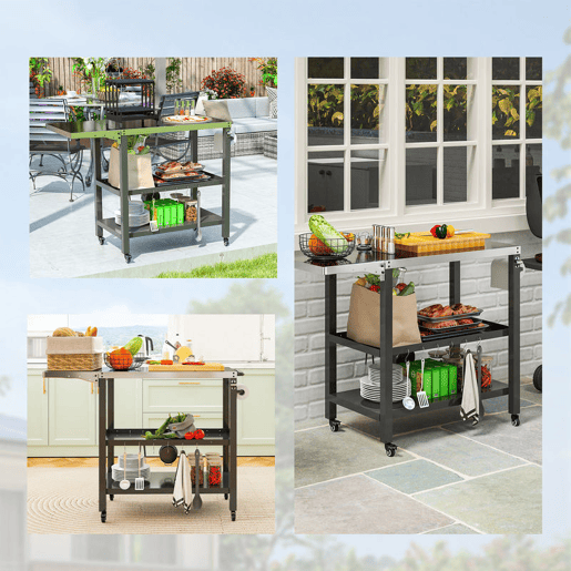 Outsunny Carrinho Auxiliar para Barbecue de 3 Níveis Carrinho de Serviço com Rodas Prateleira Bancada de Aço Inoxidável Lateral Dobrável e Alça Mesa de Forno de Pizza para Jardim Pátio Preto