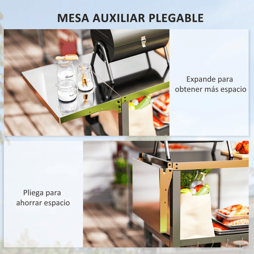 Outsunny Carrinho Auxiliar para Barbecue de 3 Níveis Carrinho de Serviço com Rodas Prateleira Bancada de Aço Inoxidável Lateral Dobrável e Alça Mesa de Forno de Pizza para Jardim Pátio Preto