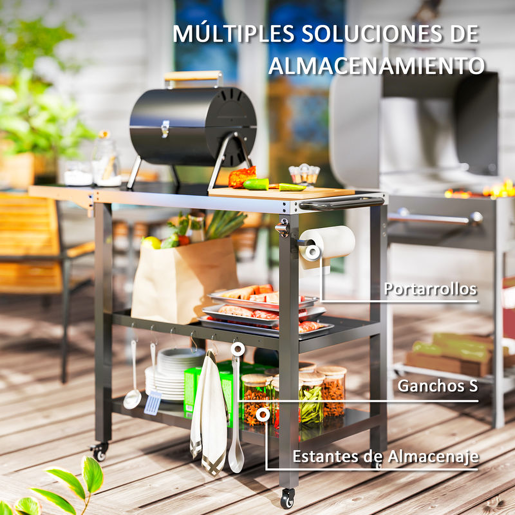 Outsunny Carrinho Auxiliar para Barbecue de 3 Níveis Carrinho de Serviço com Rodas Prateleira Bancada de Aço Inoxidável Lateral Dobrável e Alça Mesa de Forno de Pizza para Jardim Pátio Preto