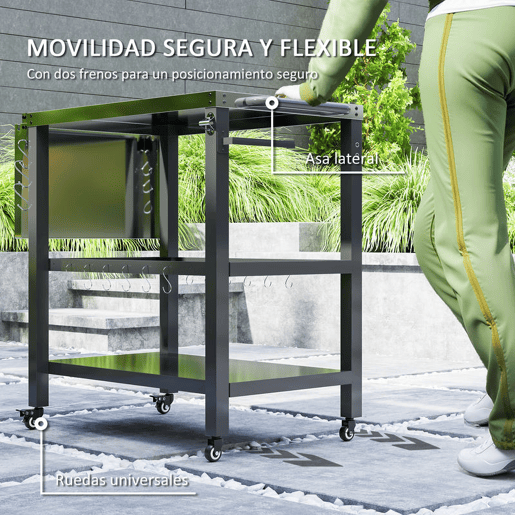 Outsunny Carrinho Auxiliar para Barbecue de 3 Níveis Carrinho de Serviço com Rodas Prateleira Bancada de Aço Inoxidável Lateral Dobrável e Alça Mesa de Forno de Pizza para Jardim Pátio Preto