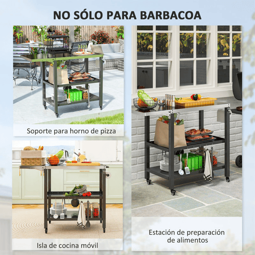 Outsunny Carrinho Auxiliar para Barbecue de 3 Níveis Carrinho de Serviço com Rodas Prateleira Bancada de Aço Inoxidável Lateral Dobrável e Alça Mesa de Forno de Pizza para Jardim Pátio Preto