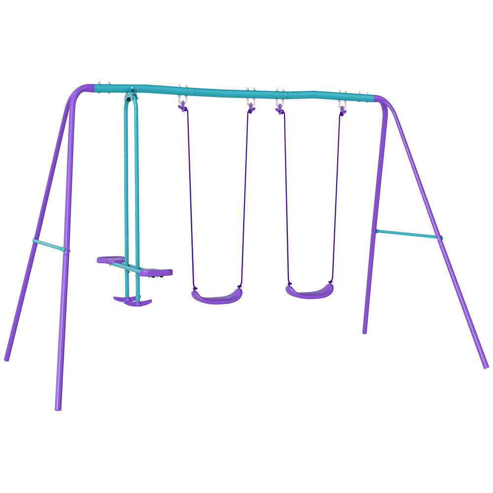Outsunny juego de columpios de jardín de metal con altura ajustable columpios para niños de +3 años con columpio doble balancín para patio terraza 280x140x176 cm azul y morado