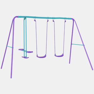 Outsunny Conjunto de Baloiços de Jardim de Metal com Altura Ajustável Baloiços para Crianças acima de 3 Anos com Baloiço Duplo Baloiço para Pátio Exterior 280x140x178 cm Azul e Roxo