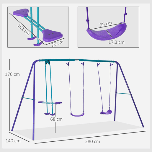 Outsunny Conjunto de Baloiços de Jardim de Metal com Altura Ajustável Baloiços para Crianças acima de 3 Anos com Baloiço Duplo Baloiço para Pátio Exterior 280x140x178 cm Azul e Roxo